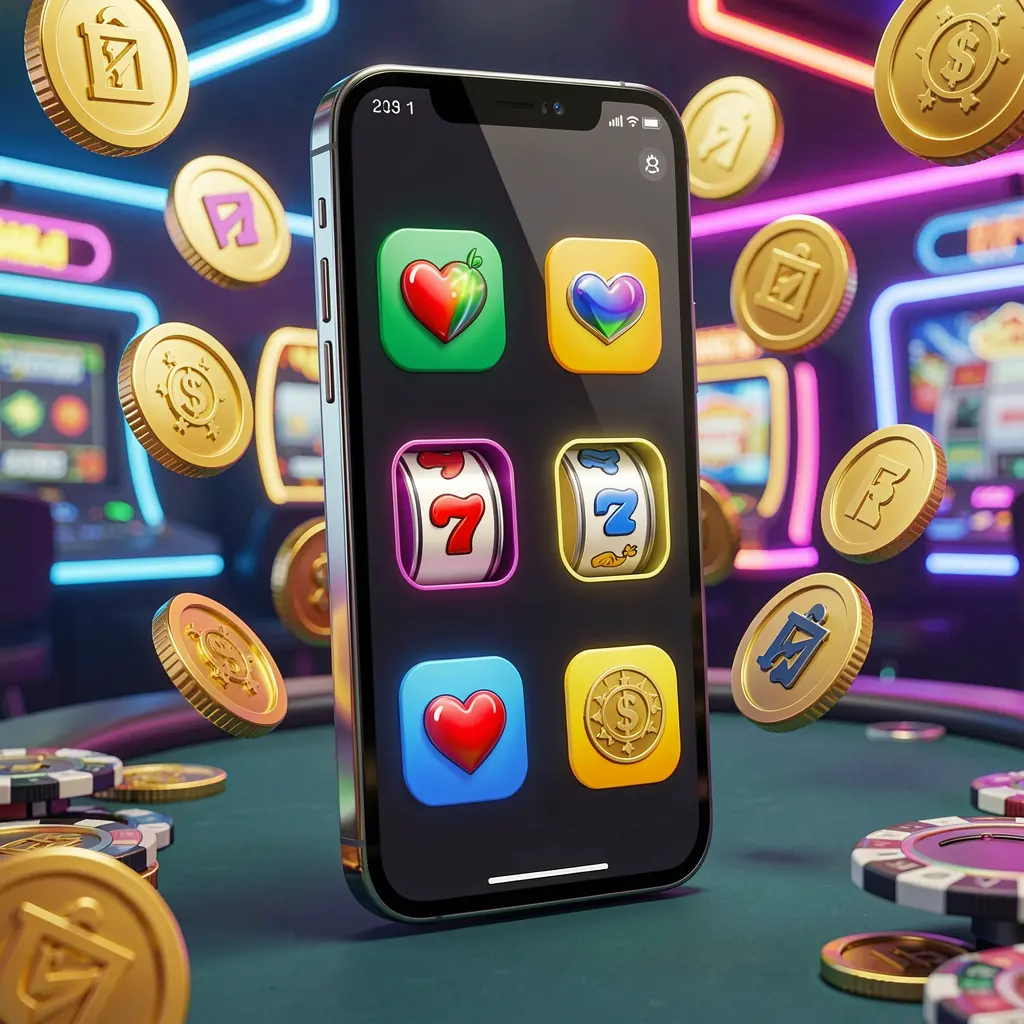 U22 Android casino app concept displayed on a modern phone with app icons, surrounded by golden coins and slot symbols floating in a neon casino atmosphere, realistic 3D render