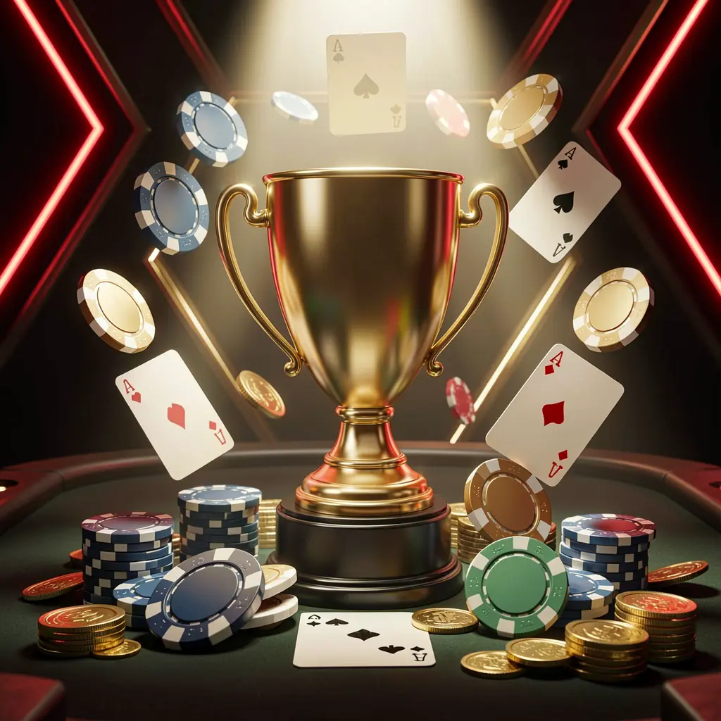 U22 casino tournament bonus concept featuring a golden trophy surrounded by poker chips, playing cards, and coins under a bright spotlight in a luxurious casino setting with dark background and red and gold neon accents