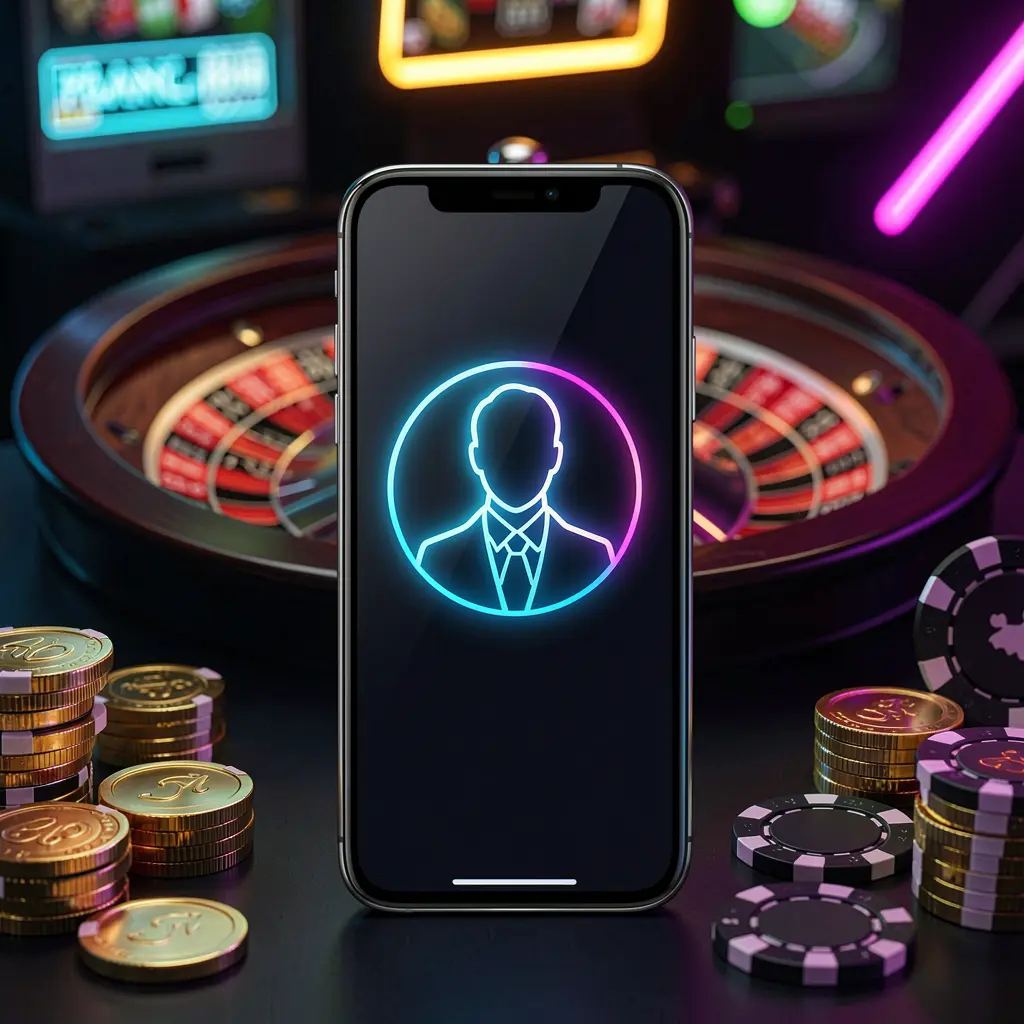 U22 online casino login hero image featuring a modern phone with a glowing profile icon, roulette lights in the background, golden coins and poker chips in a premium dark neon atmosphere