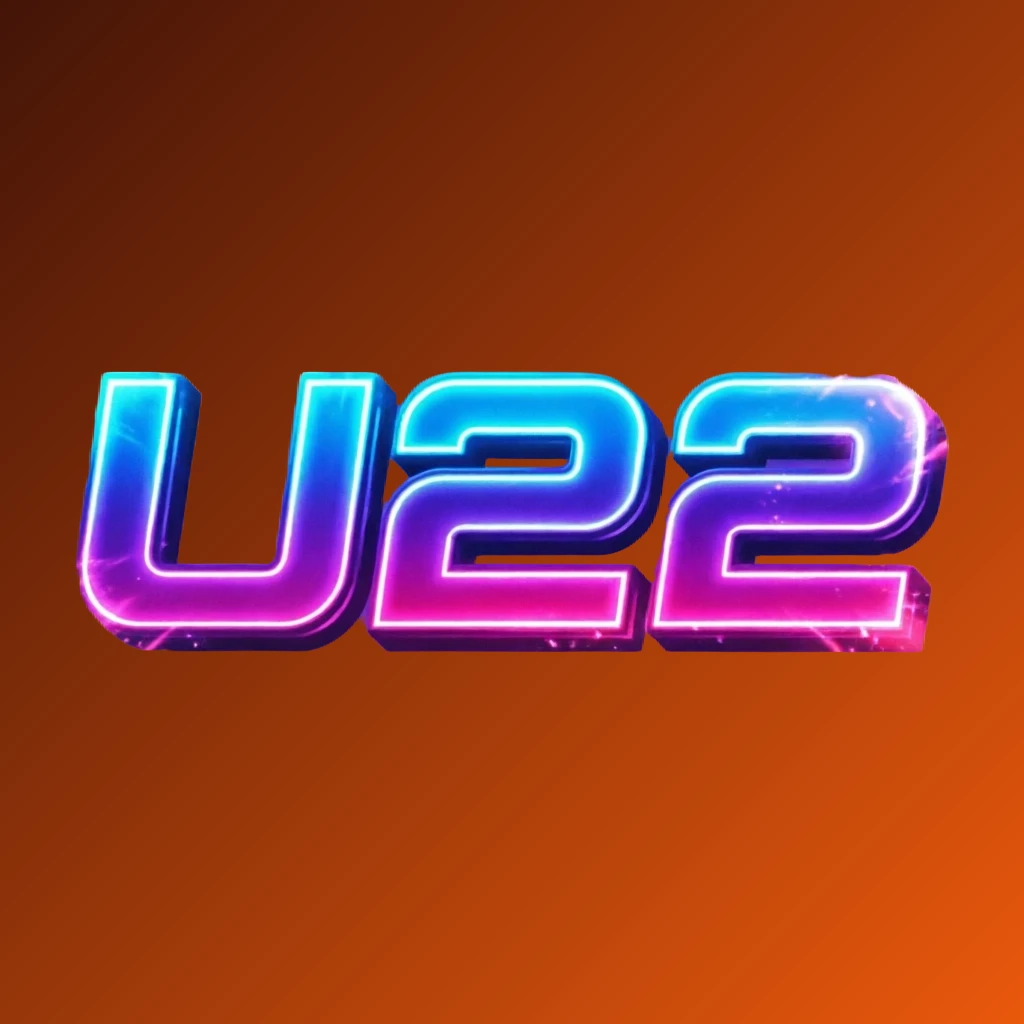 Colorful U22 gaming logo featuring extra bold block letters with electric blue, purple, and pink neon gradients and dynamic glowing effects on a transparent background, designed as a wide horizontal rectangular wordmark for a website header