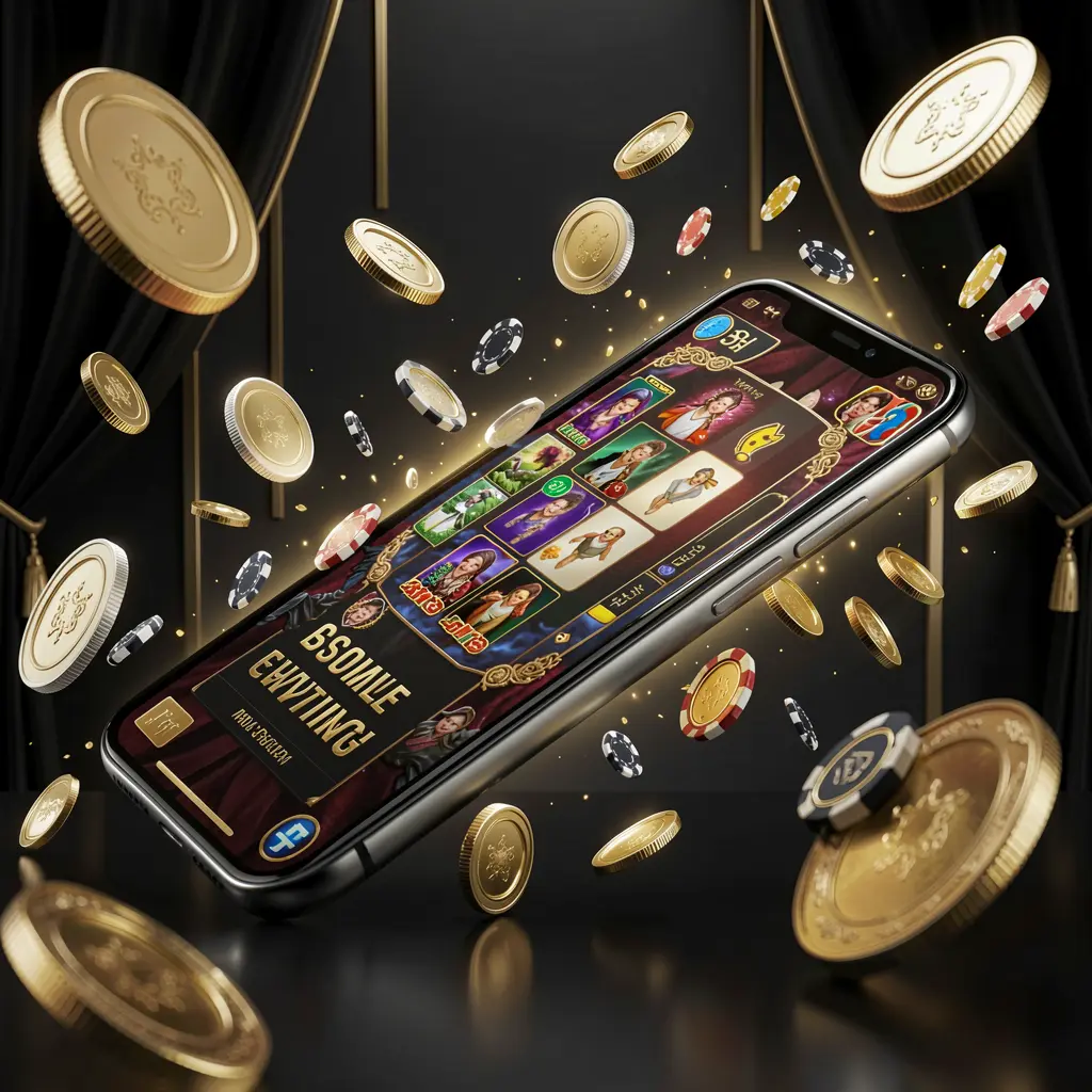 U22 modern online casino main page visual on a smartphone displaying a glowing gaming interface with coins and chips flying around in a black and gold luxury atmosphere